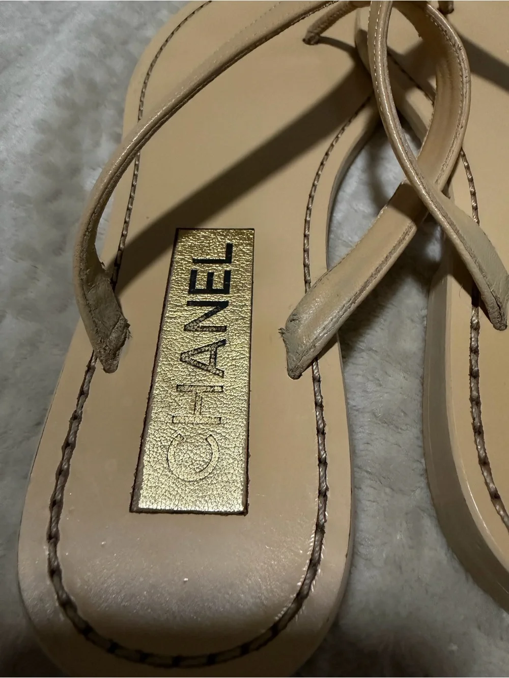 CHANEL Nude Leather CC Logo Thong Sandals